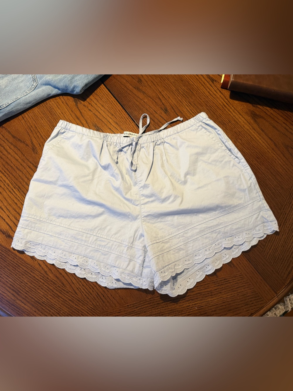 Light Blue Eyelet Trim Drawstring Shorts